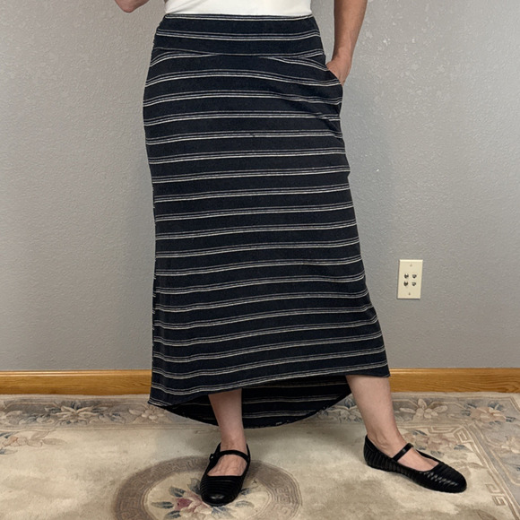 Prana Jasmine Midi High Low Skirt Size M Canella Stripe Gray Jersey Knit Pockets - Picture 1 of 4